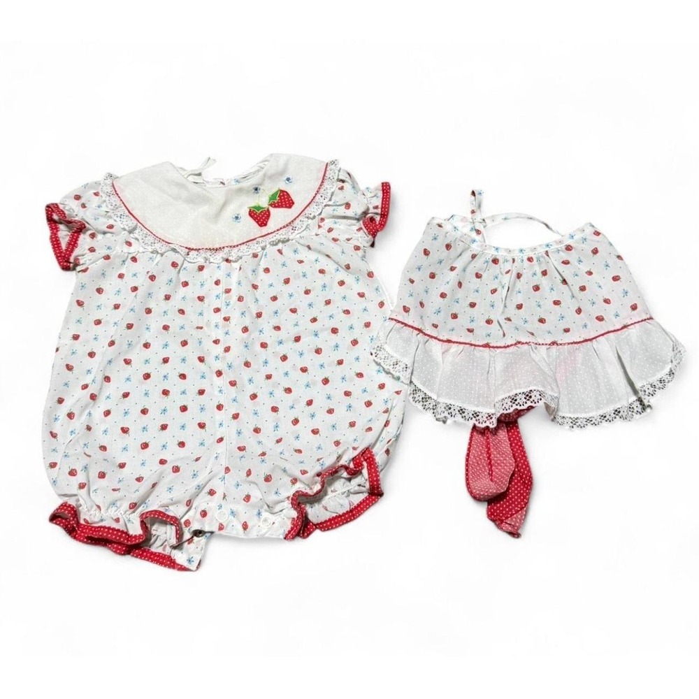 Vintage Baby Girls 9-12M Strawberry Romper Apron Set Cottagecore